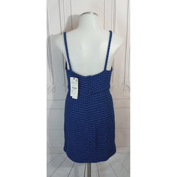 NWT Zara Textured Tweed Weave Blue Tank Mini Dress Spaghetti Straps Sz XS - Picture 4 of 7